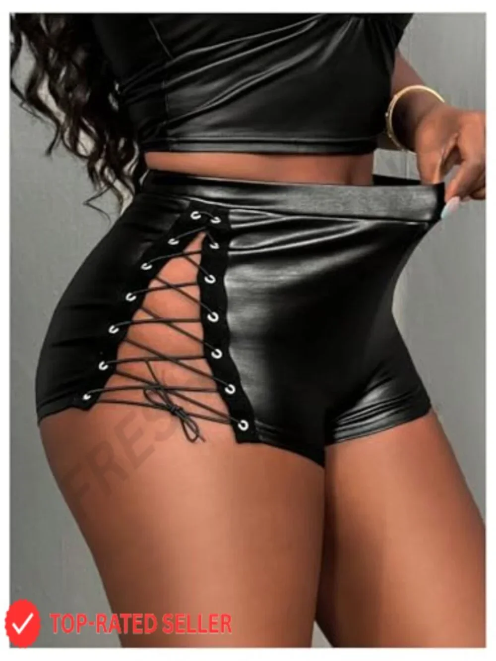 Faux Leather High Waisted Lace Up Skinny Mini Shorts Clubwear